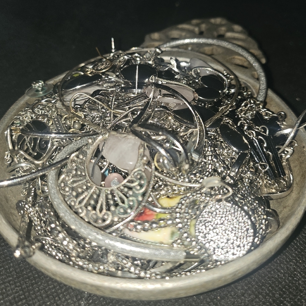 My Grandmas Silver Color Vintage Bowl Covered In Silver Jewery. Only $25